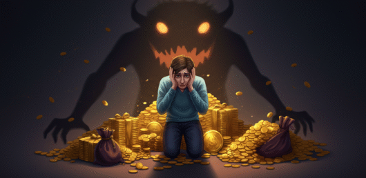 symbolic representation of greed — a person surrounded by gold and possessions, yet looking anxious and unsatisfied